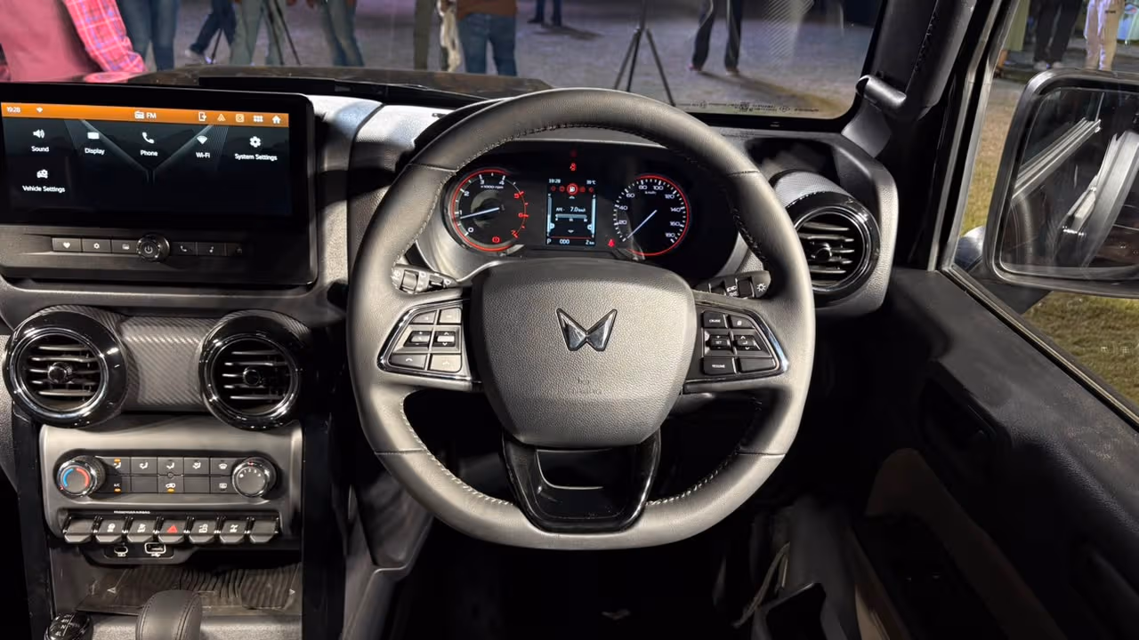 Mahindra Thar OG interior features steering wheel dashboard on Carbae- the new car buying platform